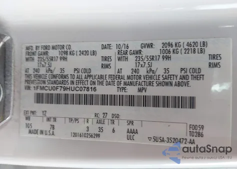 2017 Ford Escape S из США, поврежденный, VIN 1FMCU0F79HUC07816